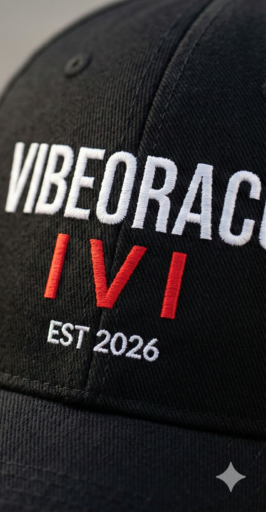 Black cap with 'Vibeorace' and 'IVI EST 2026' text on a dark background